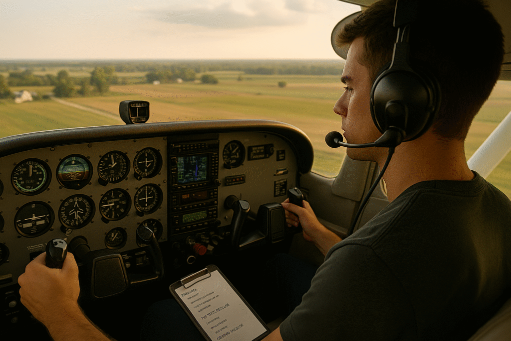 student pilot flying the traffic pattern with kneeboard checklist visible