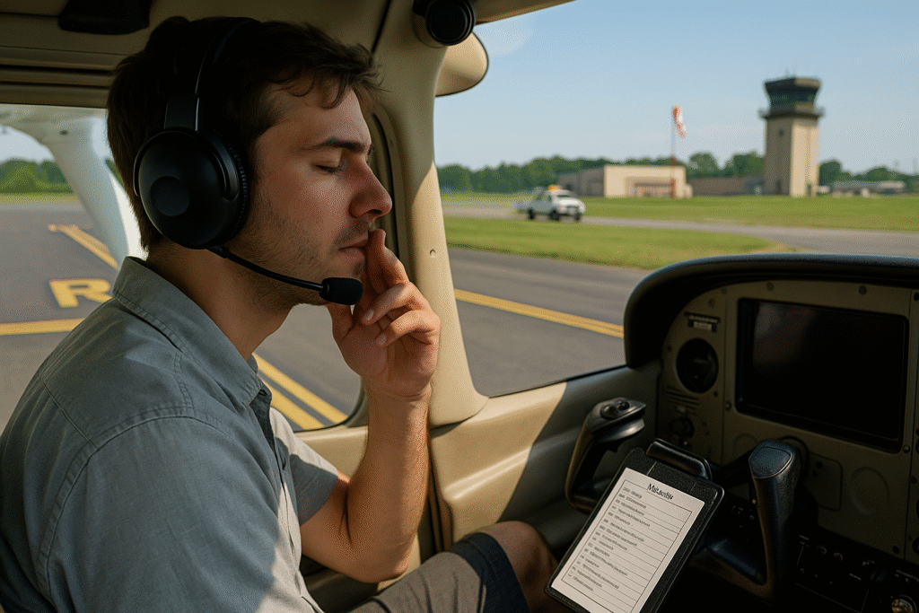 student pilot pausing at the hold short line with tower and windsock in view