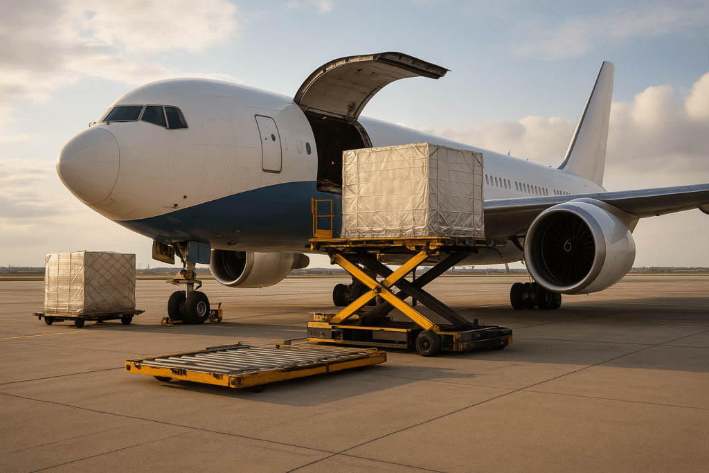 Cargo aircraft with sustainability, digitalization, and market growth icons overlayed.