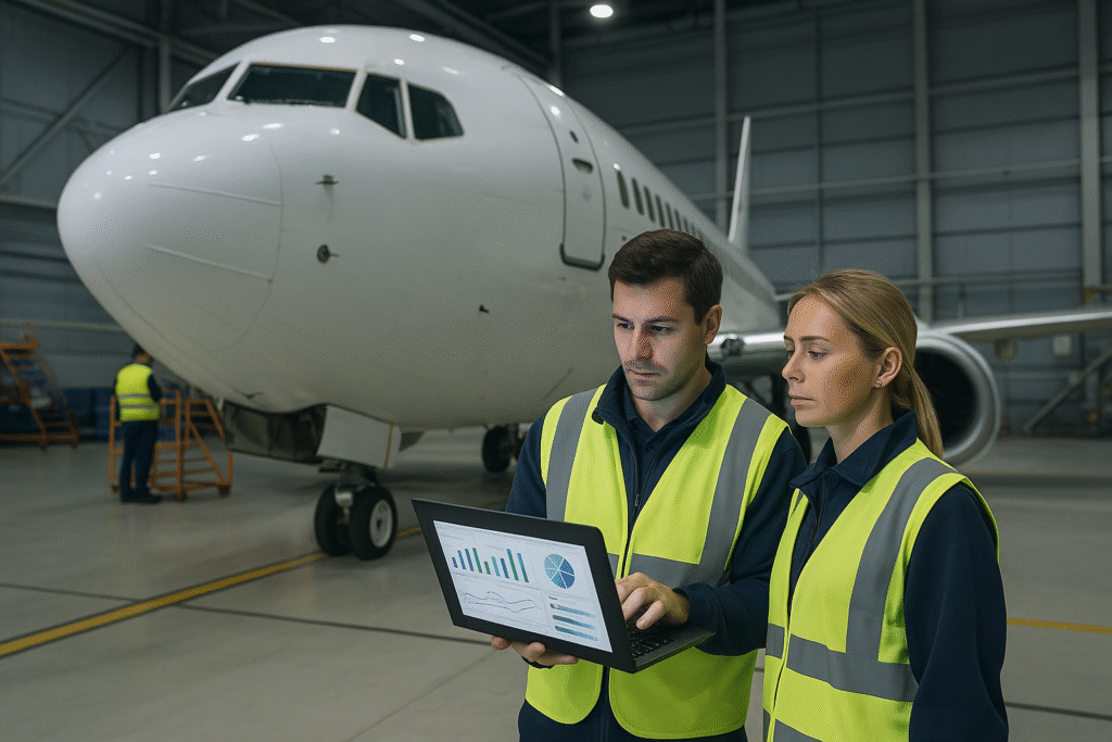 Aviation technicians in safety vests analyzing performance data on a laptop near a plane in a hangar.