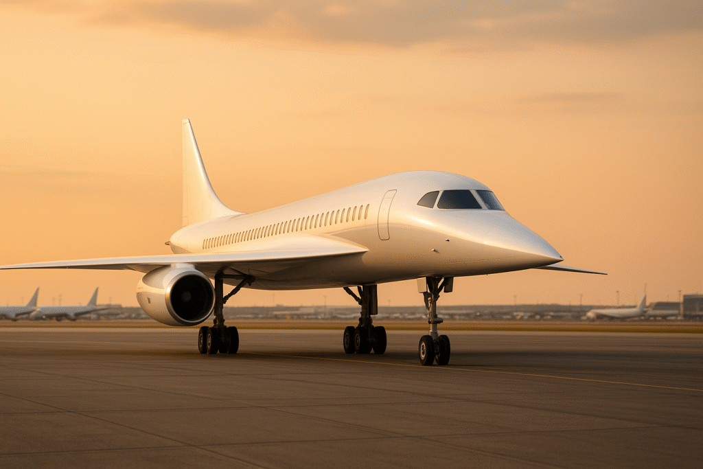 A futuristic supersonic jet under golden sky, parked on the airport runway.