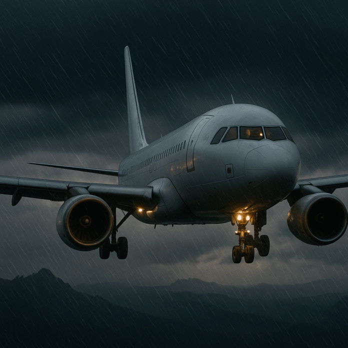 A commercial aircraft flying through rain with mountainous terrain beneath and dark storm clouds above.