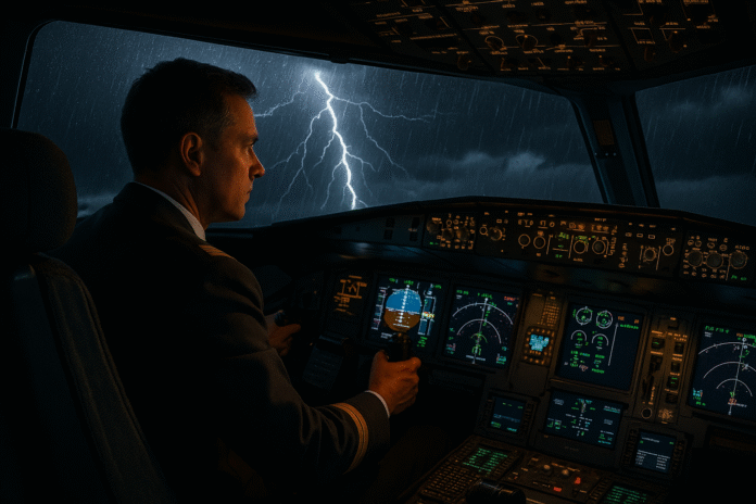 A commercial pilot navigating through a lightning storm during night from inside a cockpit.