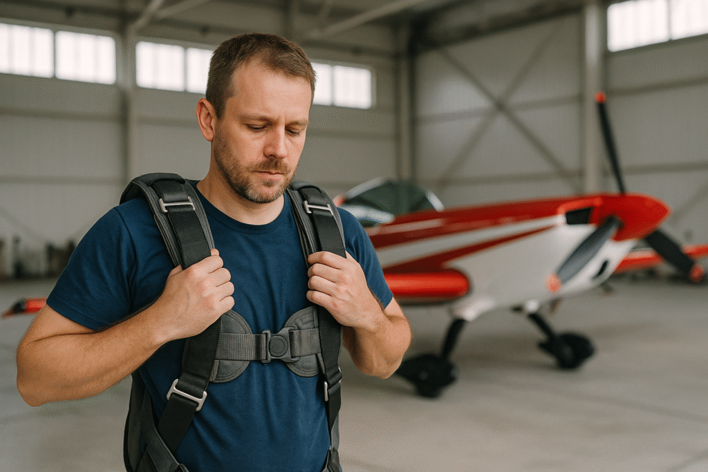 A man adjusting a parachute harness in a hangar with an aerobatic plane in the background.