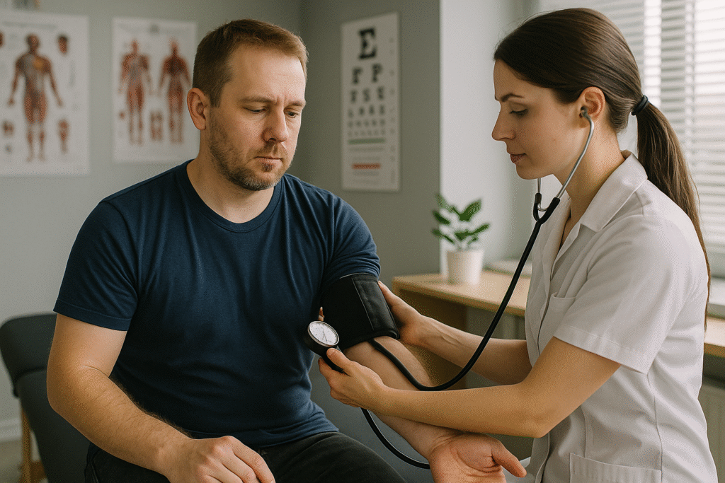 A man undergoing a blood pressure check by a doctor in a clinic before flying.