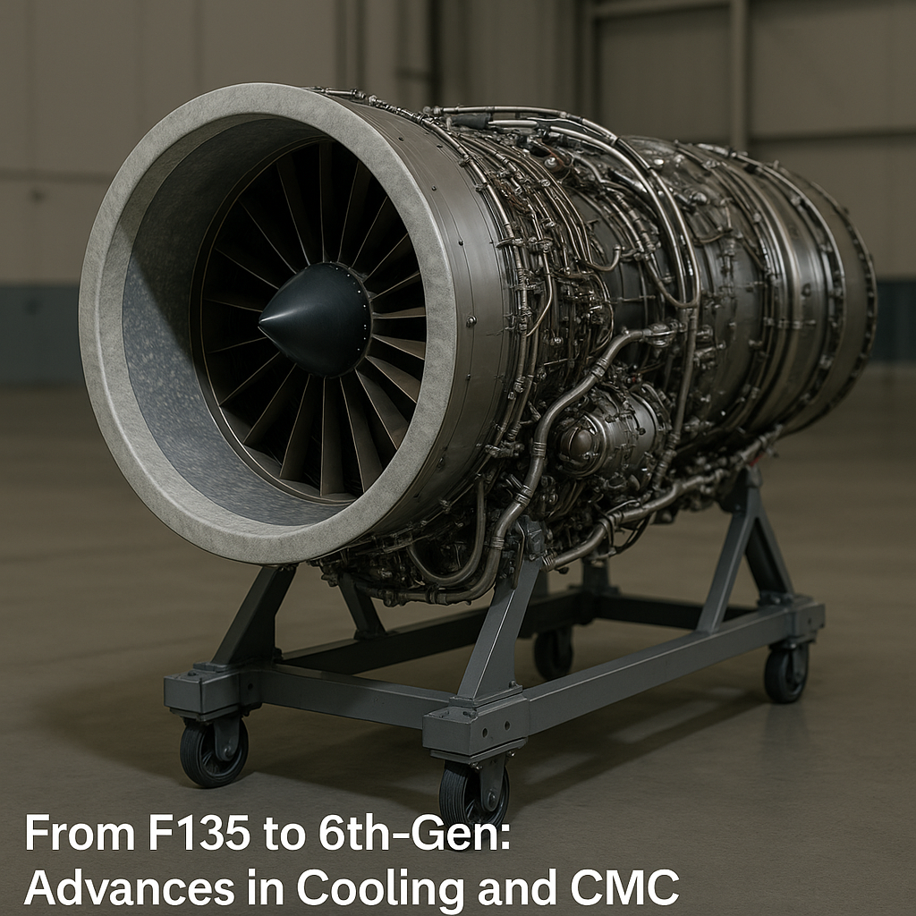 Modern fighter jet engine mounted on a stand inside a hangar, showcasing advanced cooling and CMC components.