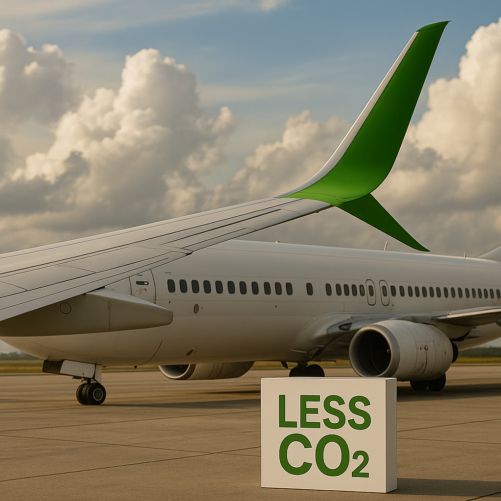 Commercial airplane with a green winglet parked on runway beside a sign reading “LESS CO₂”.