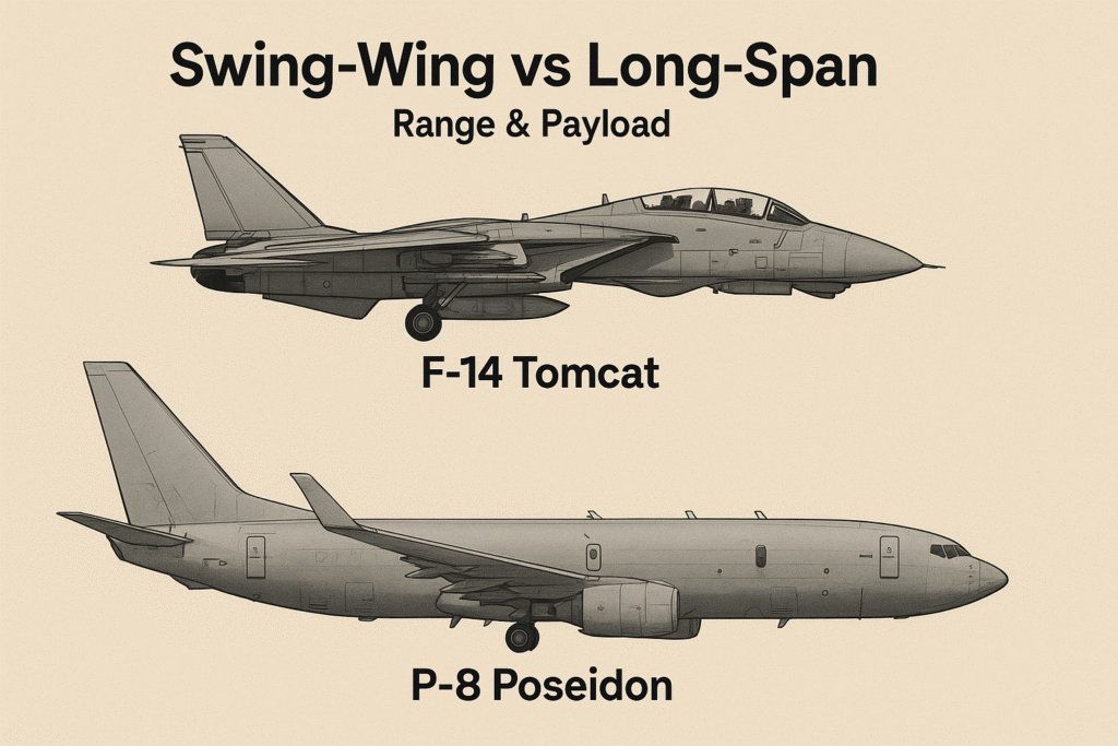 Beige-background comparison of F-14 Tomcat and P-8 Poseidon, both labeled with notes on agility, payload, and range.