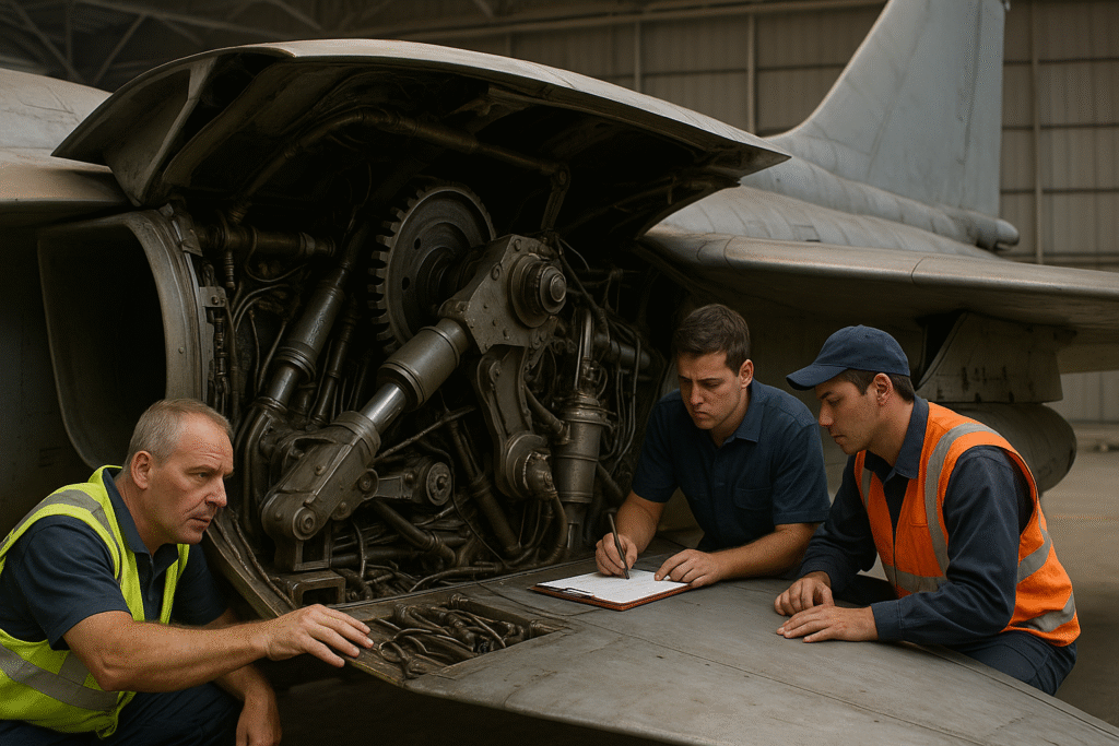 Technicians inspecting a complex swing-wing mechanism inside a military jet’s wing root