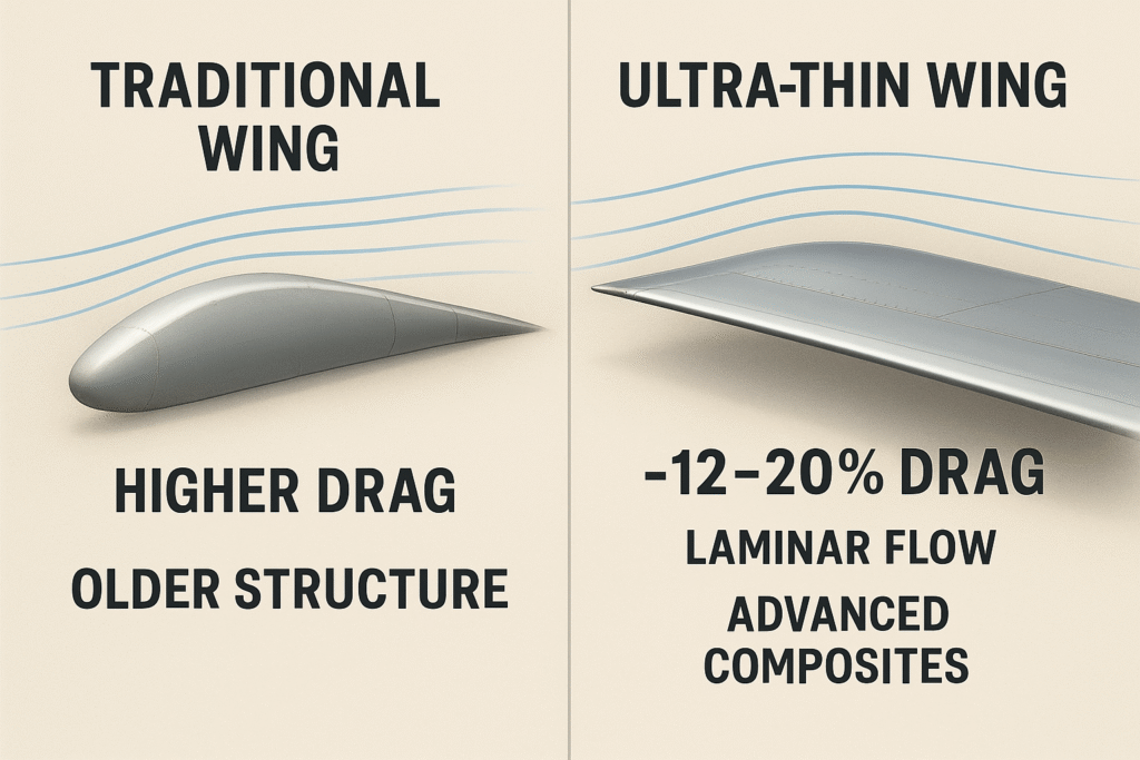Side-by-side infographic showing a traditional thick wing and an ultra-thin wing with aerodynamic flow lines and labeled performance differences.