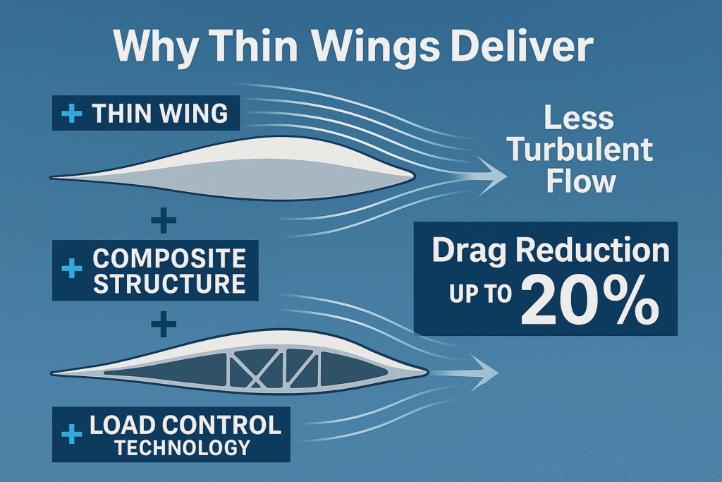 Illustrated infographic showing aerodynamic wing profiles labeled “THIN WING”, “COMPOSITE STRUCTURE”, and “LOAD CONTROL TECHNOLOGY” with smooth airflow lines and drag reduction figures.