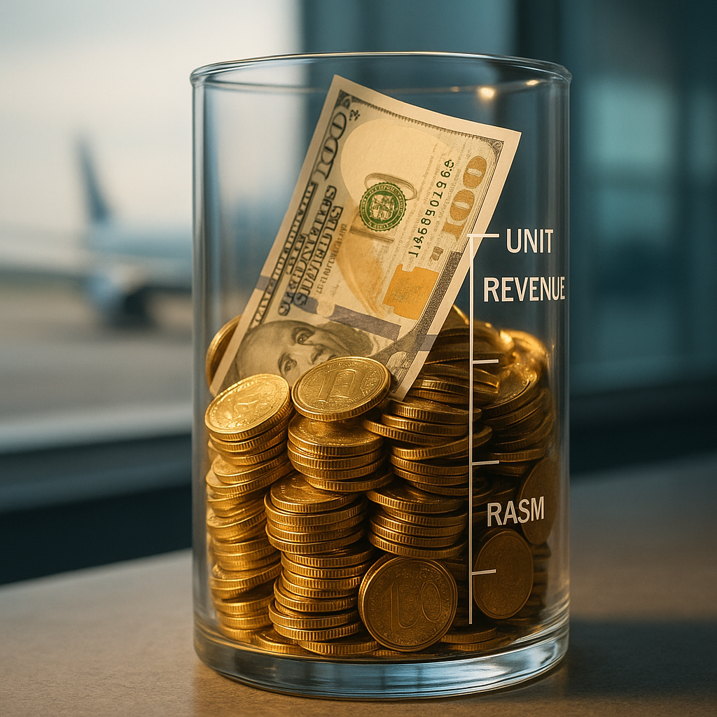 Transparent glass cylinder filled with gold coins and hundred-dollar bills, labeled “Unit Revenue” and “RASM,” set against a blurred airport terminal background.