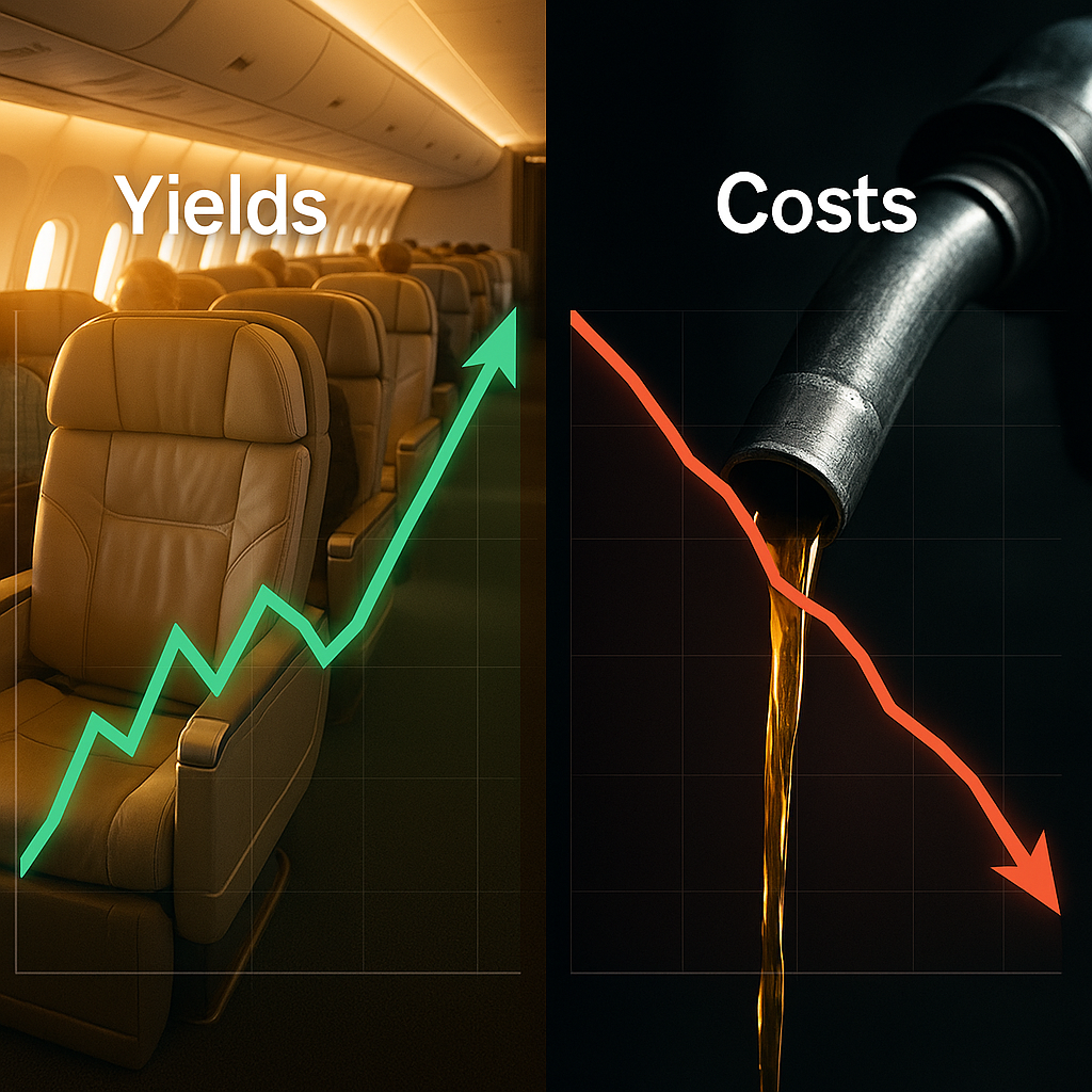 Split-screen composite showing a green upward yield graph over a first-class cabin on the left, and a red downward cost graph over jet fuel pouring from a nozzle on the right.