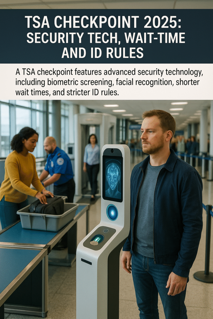 Traveler at TSA CAT-2 facial comparison kiosk during document check at a 2025 security lane.