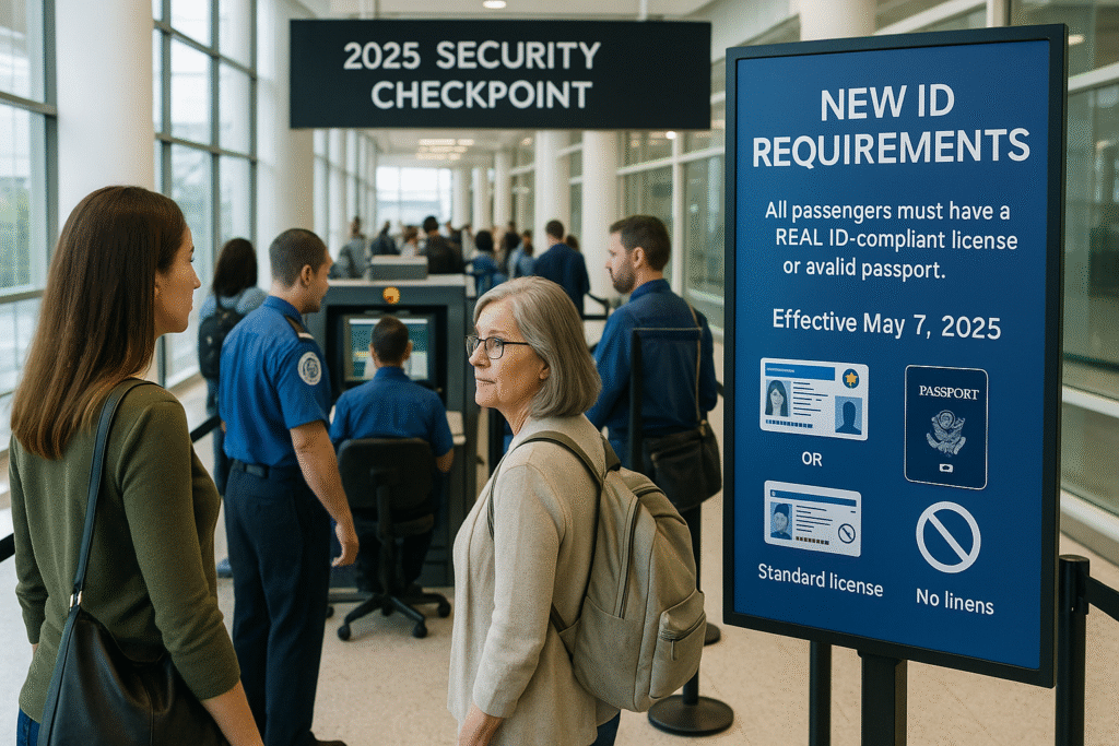 TSA checkpoint 2025 with “New ID Requirements” sign—REAL ID or valid passport required effective May 7, 2025.