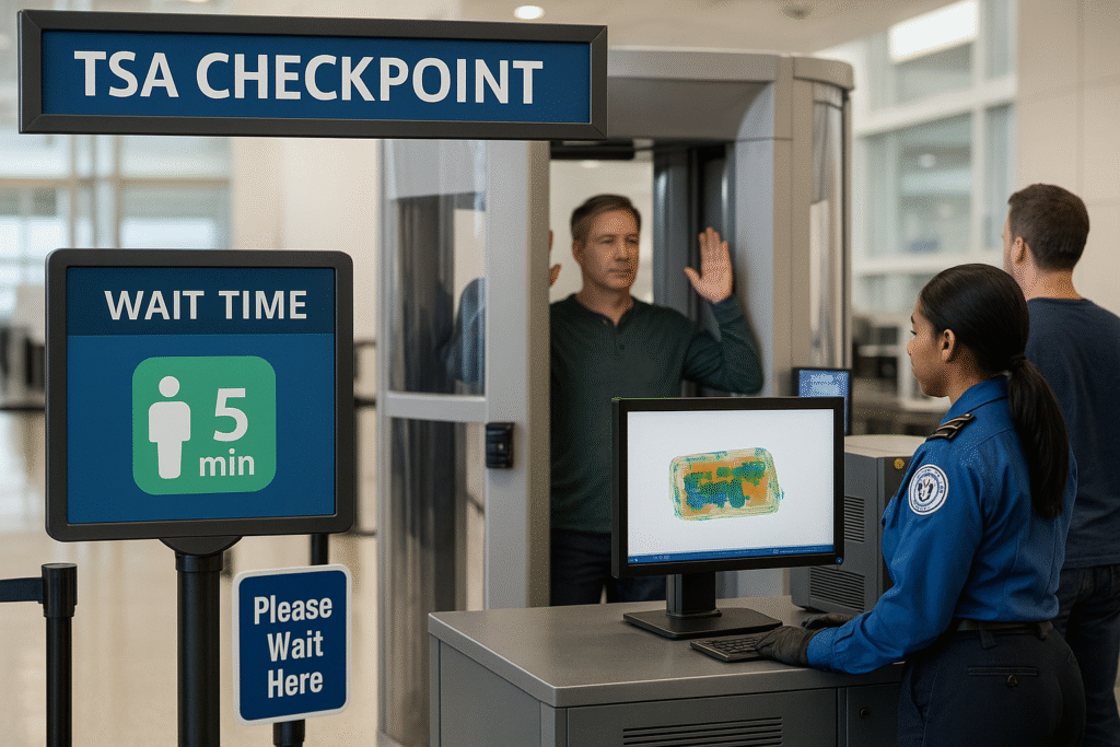 TSA checkpoint in 2025 with passenger in body scanner, officer reviewing luggage scan, and wait-time screen.