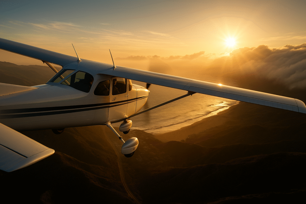 Coastal Flying: Navigating the World’s Most Beautiful Shorelines—From a pilot who’s scraped salt spray off wheel pants and tiptoed around marine fog 1 A Cessna 172 flying over the coast at sunrise with golden light illuminating the sea and fog ahead.