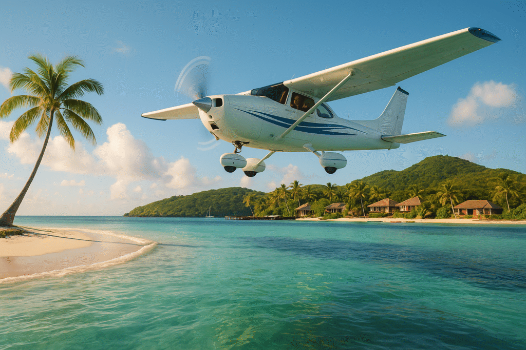 Coastal Flying: Navigating the World’s Most Beautiful Shorelines—From a pilot who’s scraped salt spray off wheel pants and tiptoed around marine fog 2 White-and-blue Cessna 172 flying low over turquoise water and a palm-lined tropical beach.