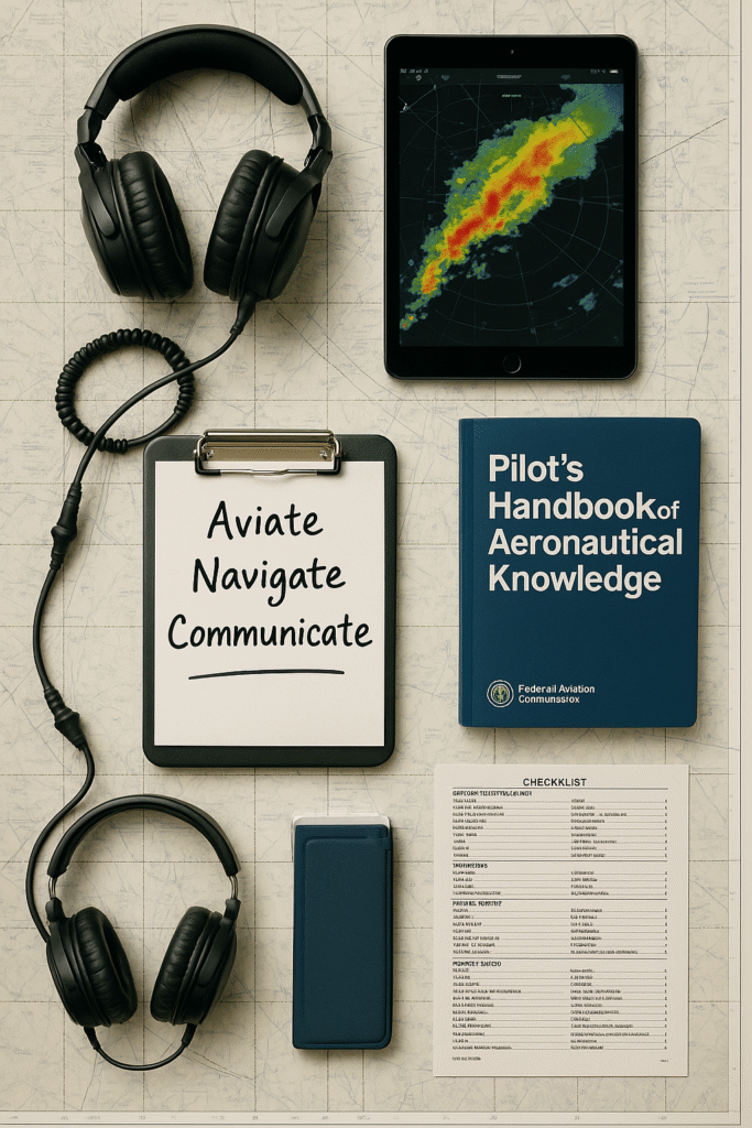 Weather, Engines, and Terrain: Pilot Decisions Under Pressure in the Toughest Minutes (2025 Guide) 2 Flat-lay of a pilot’s pre-flight essentials neatly arranged on a navigational chart, including a headset, iPad, kneeboard, handbook, and checklist.