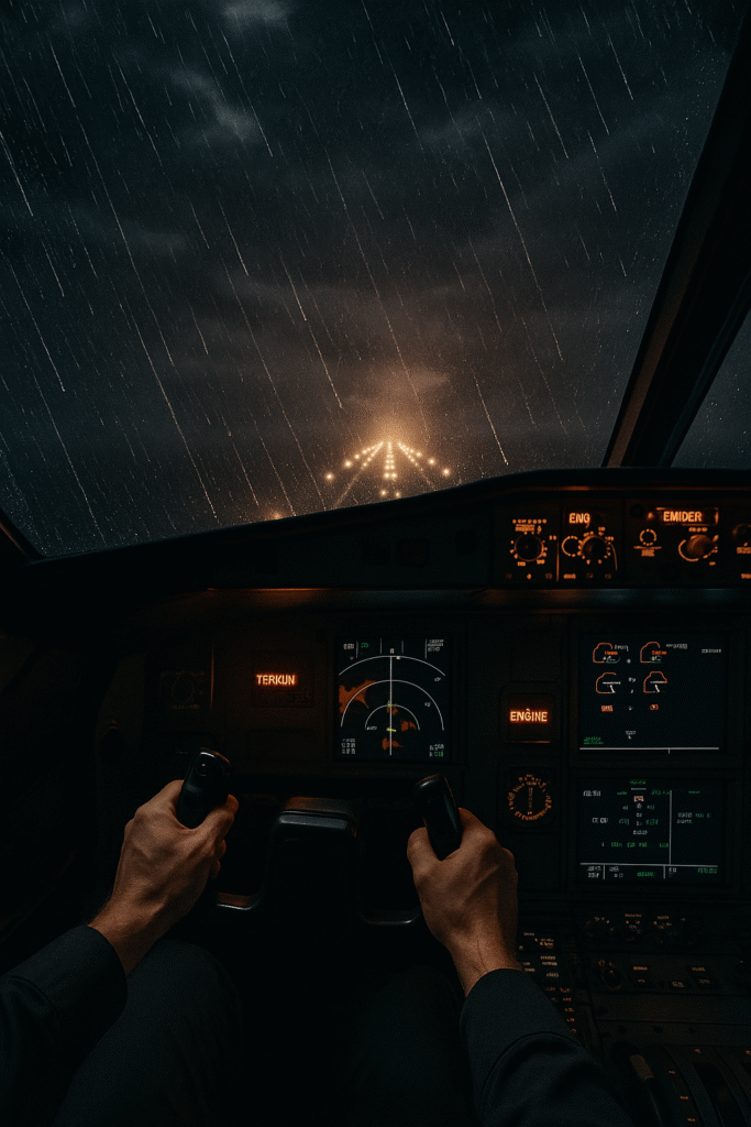 Weather, Engines, and Terrain: Pilot Decisions Under Pressure in the Toughest Minutes (2025 Guide) 1 Pilot’s hands gripping the controls during a stormy night landing, with runway lights faintly visible through rain and fog.