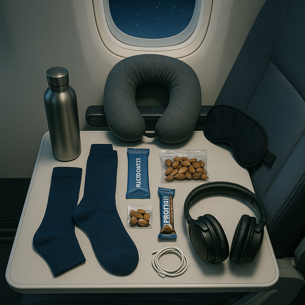 A neatly arranged travel essentials flat-lay on an airplane tray table featuring a neck pillow, water bottle, eye mask, socks, snacks, electrolytes, and headphones.