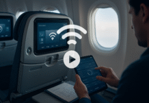 In-Flight Wi-Fi & Entertainment Systems Explained: Better UX, Higher NPS Seatback entertainment screen and passenger tablet connected to in-flight Wi-Fi, in a modern cabin.