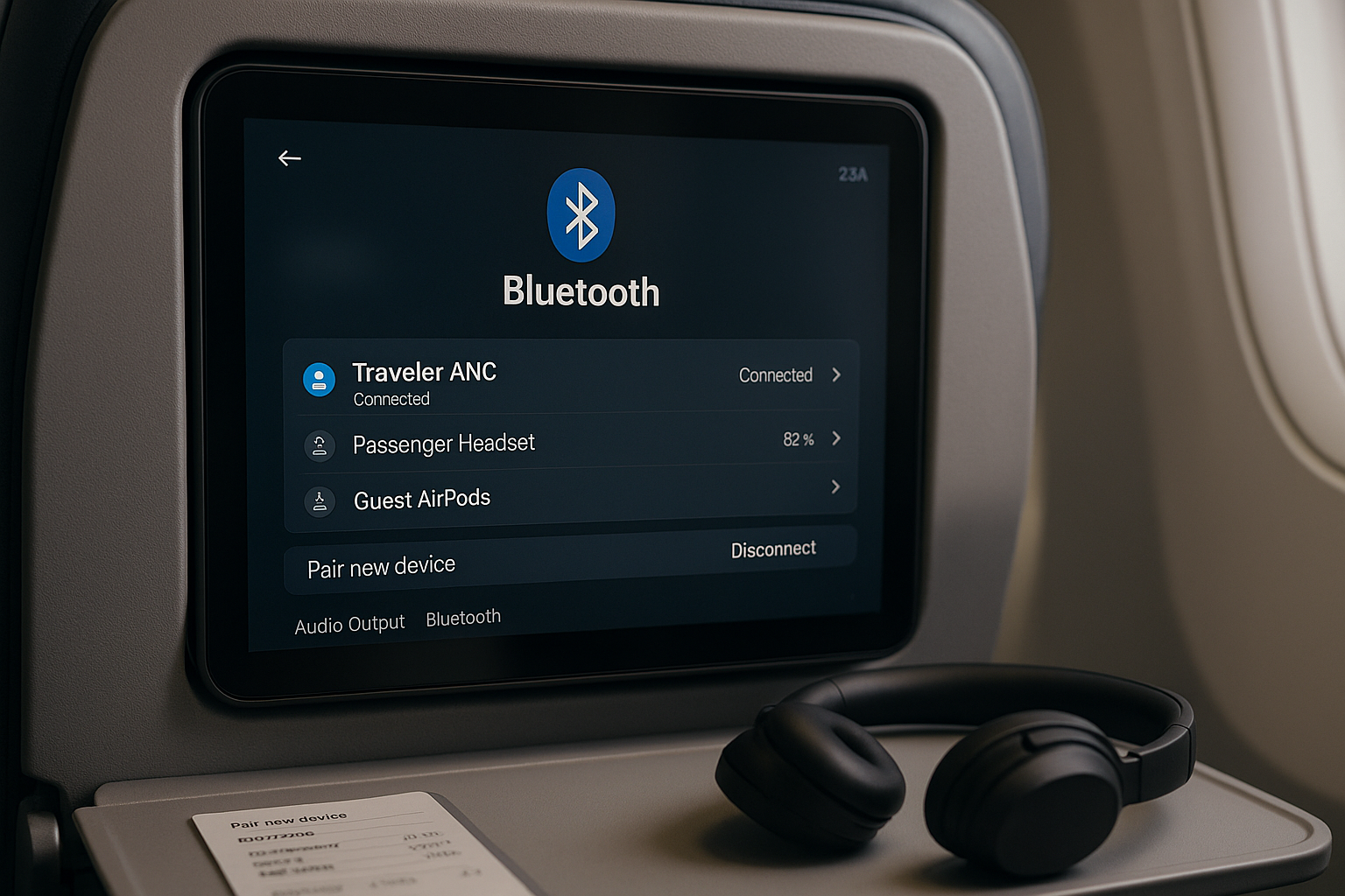 Seatback screen showing a Bluetooth pairing page with headphones connected.