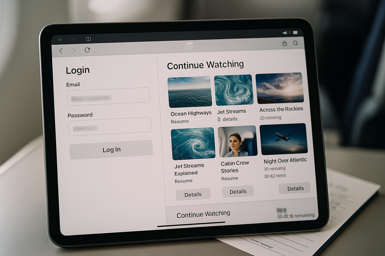Airline portal login with a blurred email and a ‘Continue Watching’ row of videos.