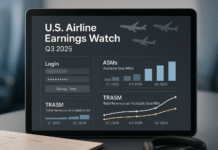 U.S. Airline Earnings Watch Q3 2025: ASMs, TRASM, CASM-ex Dashboard-style hero showing Q3 2025 airline metrics—ASMs, TRASM trends, and CASM-ex comparison.