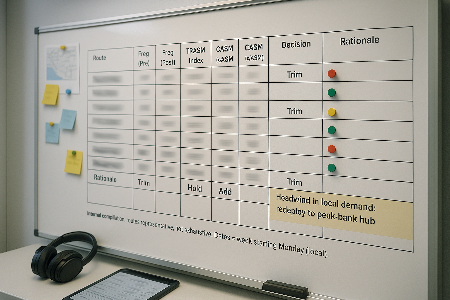 Airline network planning whiteboard with capacity review columns; routes and numbers blurred for confidentiality.