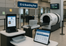 TSA Checkpoint 2025: Security Tech, Wait-Time, and ID Rules Modern TSA checkpoint with CT scanner, digital wait-time display, and ID/boarding-pass verification kiosks.