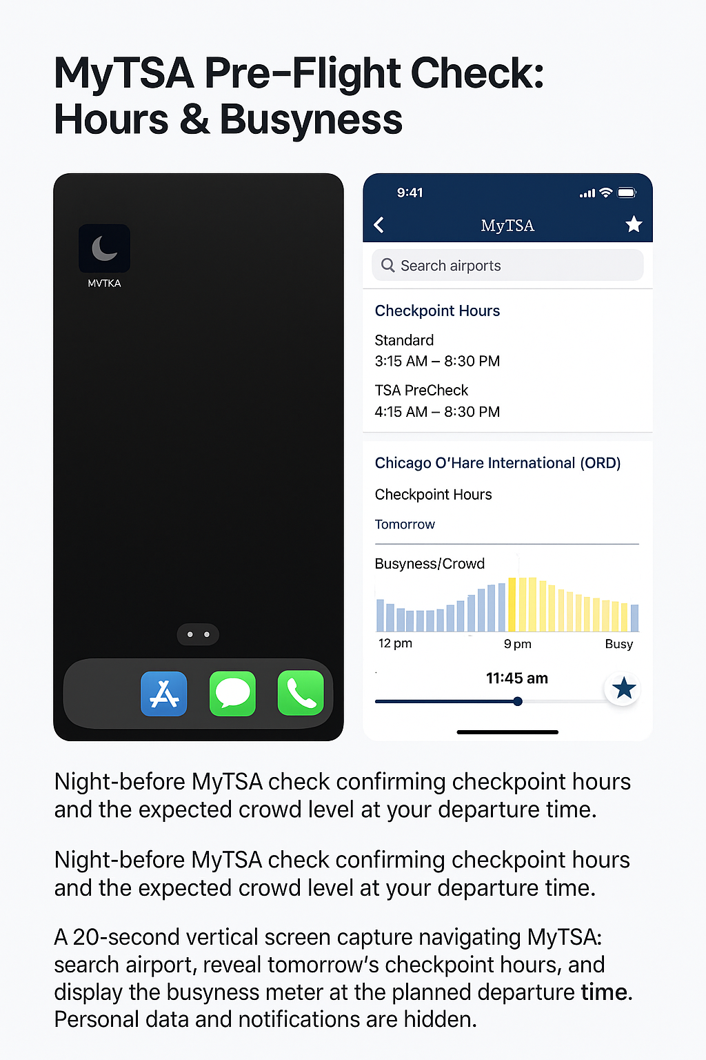 TSA Checkpoint 2025: Security Tech, Wait-Time, and ID Rules 2 Screen recording of MyTSA showing checkpoint hours and busyness for tomorrow at the departure airport.