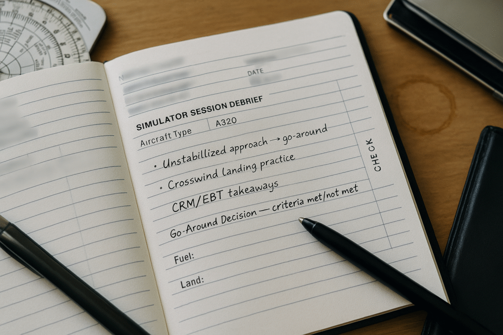 Open pilot logbook with handwritten simulator debrief and go-around notes