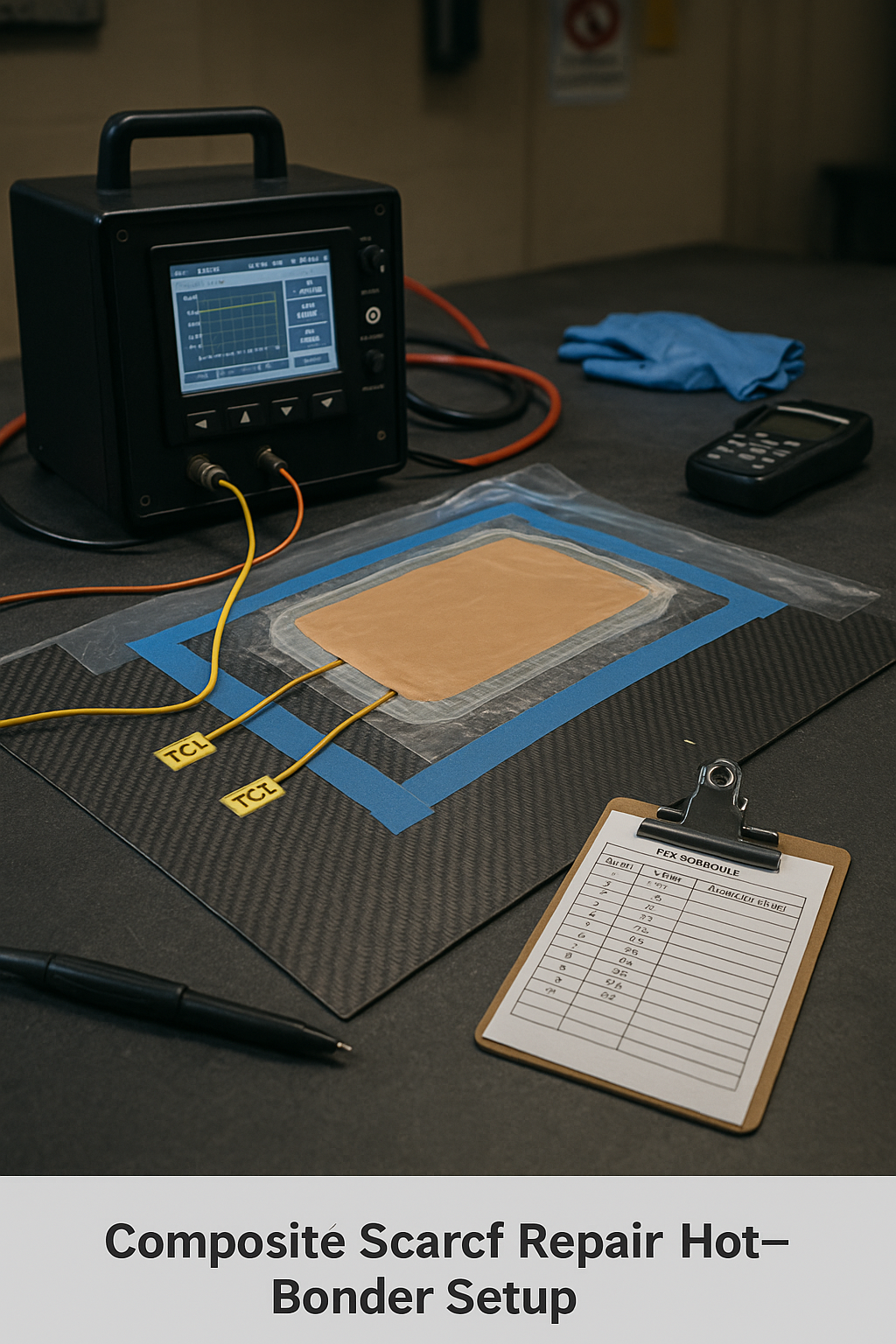 Carbon-fiber repair with hot-bonder, thermocouples, and vacuum bagging