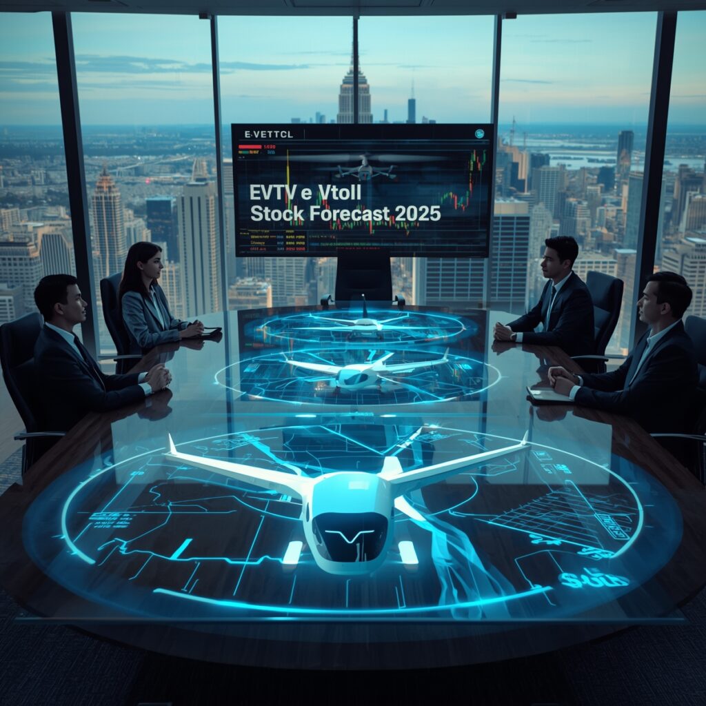 Executives in a glass-walled boardroom review an “eVTOL Stock Forecast 2025” presentation as holographic eVTOL schematics glow on the conference table with a city skyline beyond.