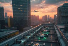 How to Evaluate an eVTOL Pitch in 2025: Tech Readiness, Cash Burn, and Real Moats (from someone who’s sat in flight tests and term-sheet reviews) Urban rooftop vertiport at sunset with multiple eVTOL air taxis on illuminated pads, boarding gates, and ground crew preparing departures.