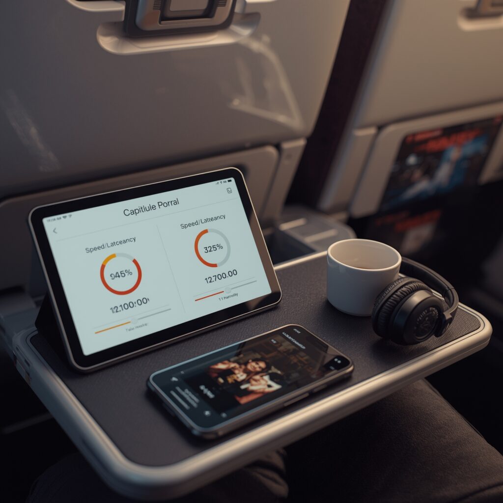 In-Flight Wi-Fi & Entertainment Systems Explained: Better UX, Higher NPS 1 Tablet on a tray table displays a simple in-flight Wi-Fi portal and performance graphs; seamless login experience.