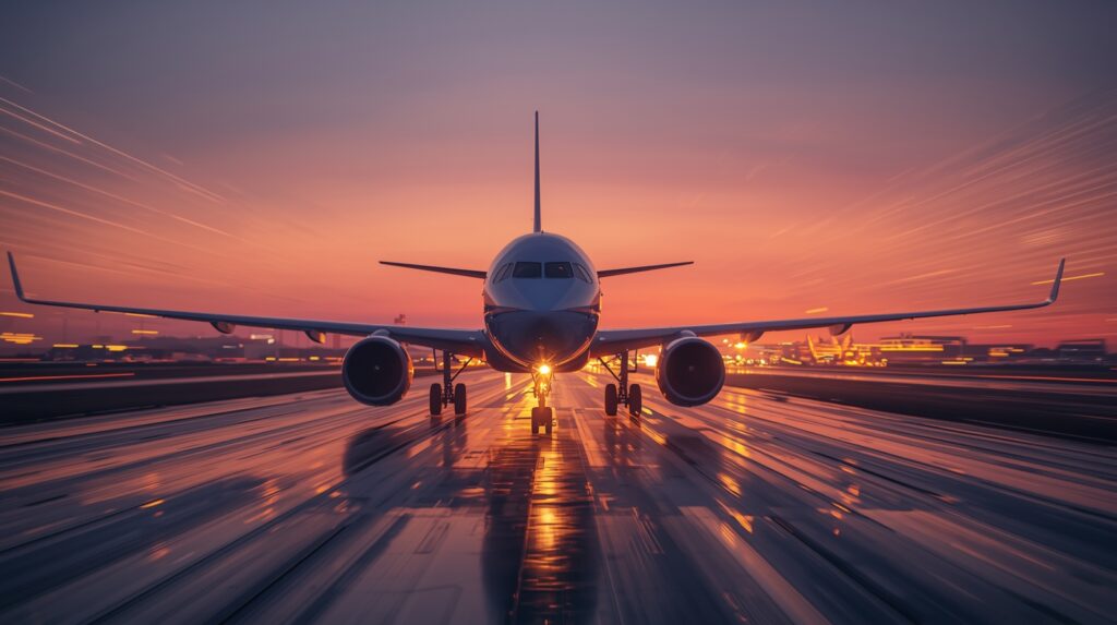 Geared-turbofan airliner departing at dusk with visual cues for lower fuel burn and reduced noise footprint