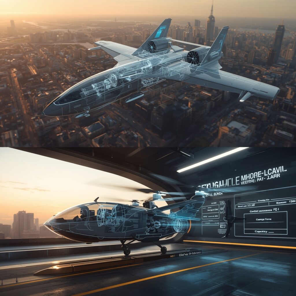 eVTOL cutaway over city and on pad at dusk
