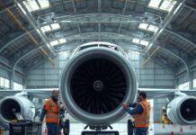 The Complete Aircraft Maintenance Guide (2025): A Veteran’s Playbook for Staying Safe and Compliant Technicians perform a C-check engine inspection with a digital checklist in a clean hangar, 2025. Image title: Engine Inspection During a C-Check (2025)