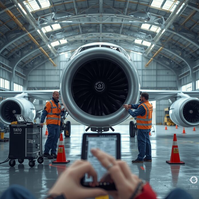 Technicians perform a C-check engine inspection with a digital checklist in a clean hangar, 2025. Image title: Engine Inspection During a C-Check (2025)