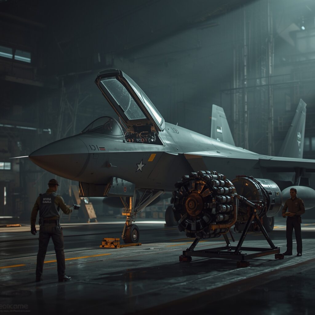F-47 stealth fighter in hangar with adaptive-cycle engine and long-range weapons
