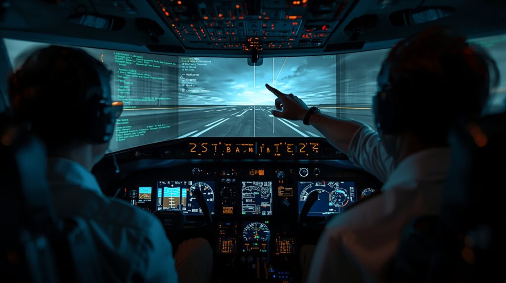 Flight school simulator bay with instructor guiding missed approach