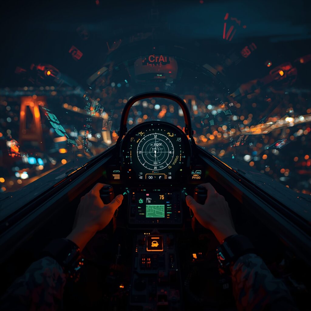 Sixth-gen fighter cockpit with AI-assisted HUD and CCA control
