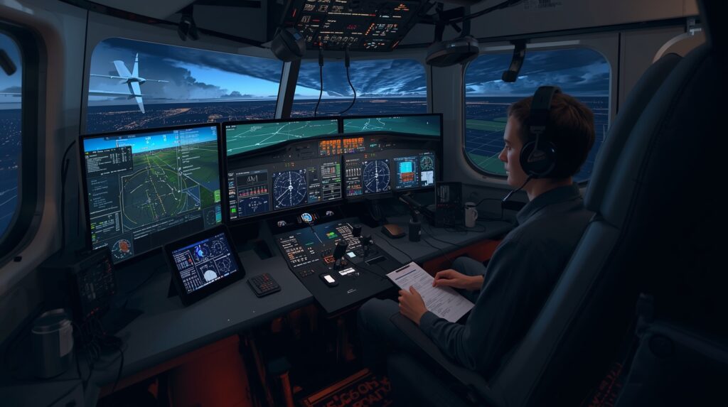 GA G1000-style IFR simulator with student pilot in night IMC