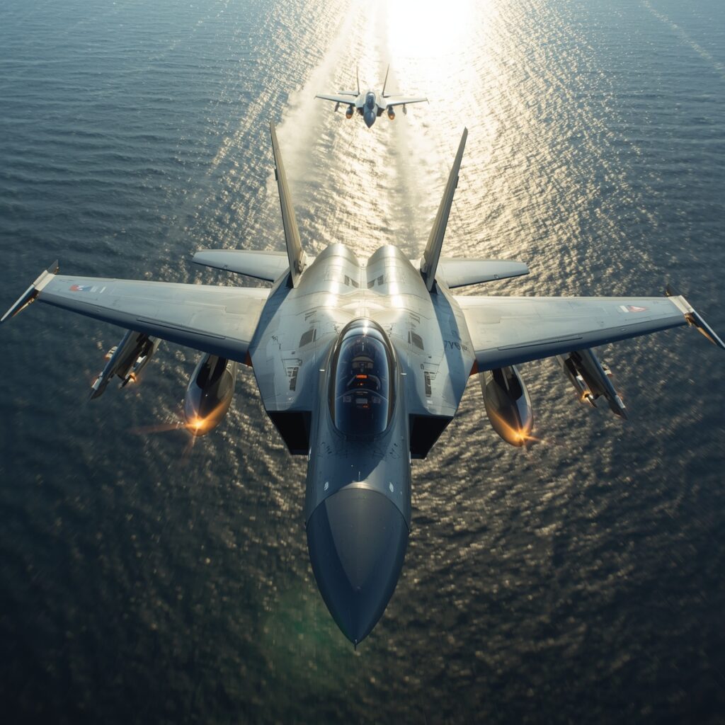 F-14 Tomcat fighter jet with swept wings flying supersonic over ocean
