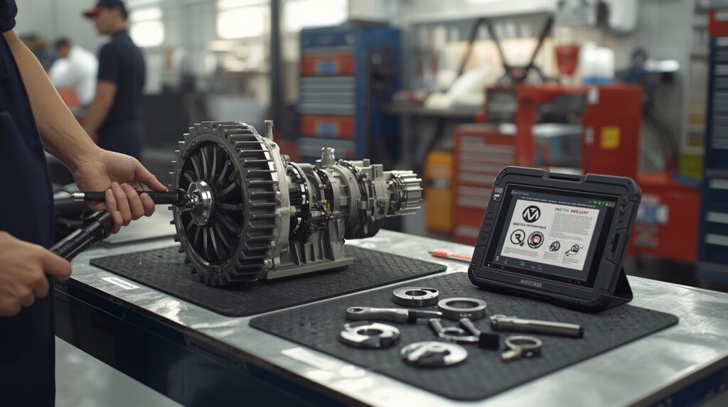 Mechanics inspect a geared-turbofan gearbox module with a digital maintenance manual in a clean MRO shop.