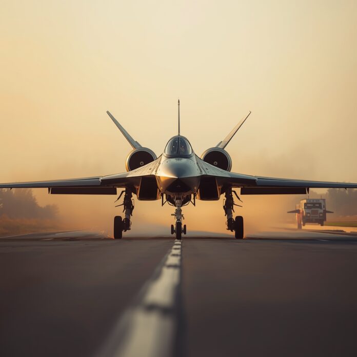 F-111 Aardvark variable-sweep wing fighter jet taking off in the 1960s