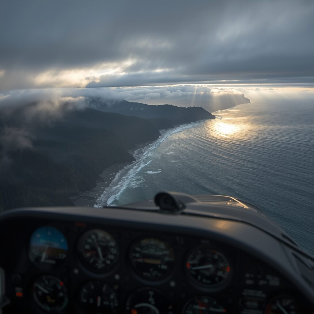 Cockpit-perspective of a GA high-wing tracking a rugged Pacific Northwest coastline under broken cloud and sea fog, instruments blurred in foreground
