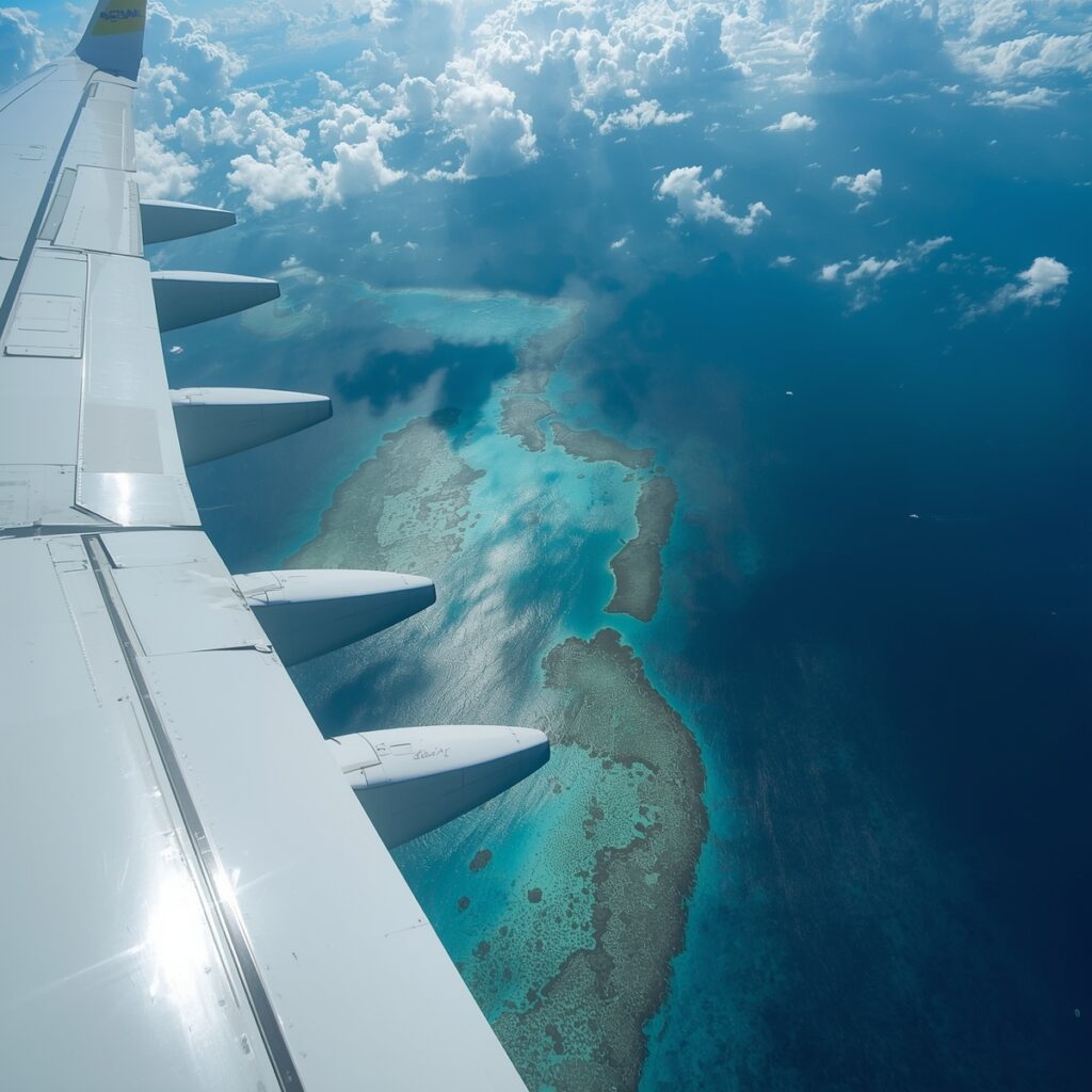 High-altitude oblique view of a GA wingtip over the Great Barrier Reef, aquamarine lagoons and coral formations visible below